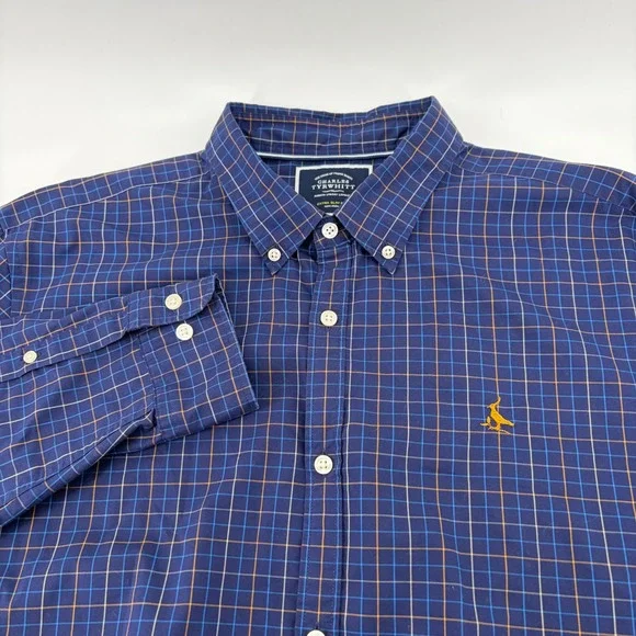 Charles Tyrwhitt Mens XL Extra Slim Fit Non-Iron Navy Blue Check Shirt Logo - Picture 1 of 10